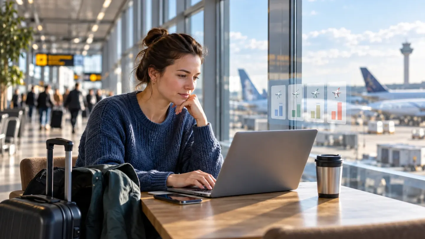 Reiziger vergelijkt vliegticketprijzen op een laptop naast een vertrektijdenbord op een Nederlandse luchthaven