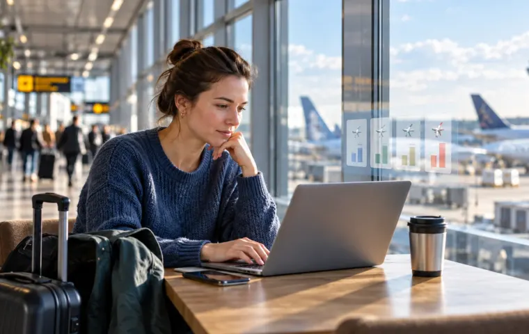 Reiziger vergelijkt vliegticketprijzen op een laptop naast een vertrektijdenbord op een Nederlandse luchthaven