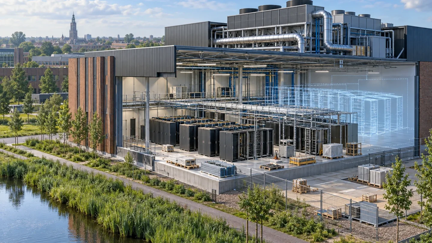 Conceptuele redactionele illustratie van een datacentrum in Groningen dat nog wordt ingericht voor een toekomstige AI-supercomputer