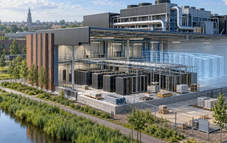 Conceptuele redactionele illustratie van een datacentrum in Groningen dat nog wordt ingericht voor een toekomstige AI-supercomputer
