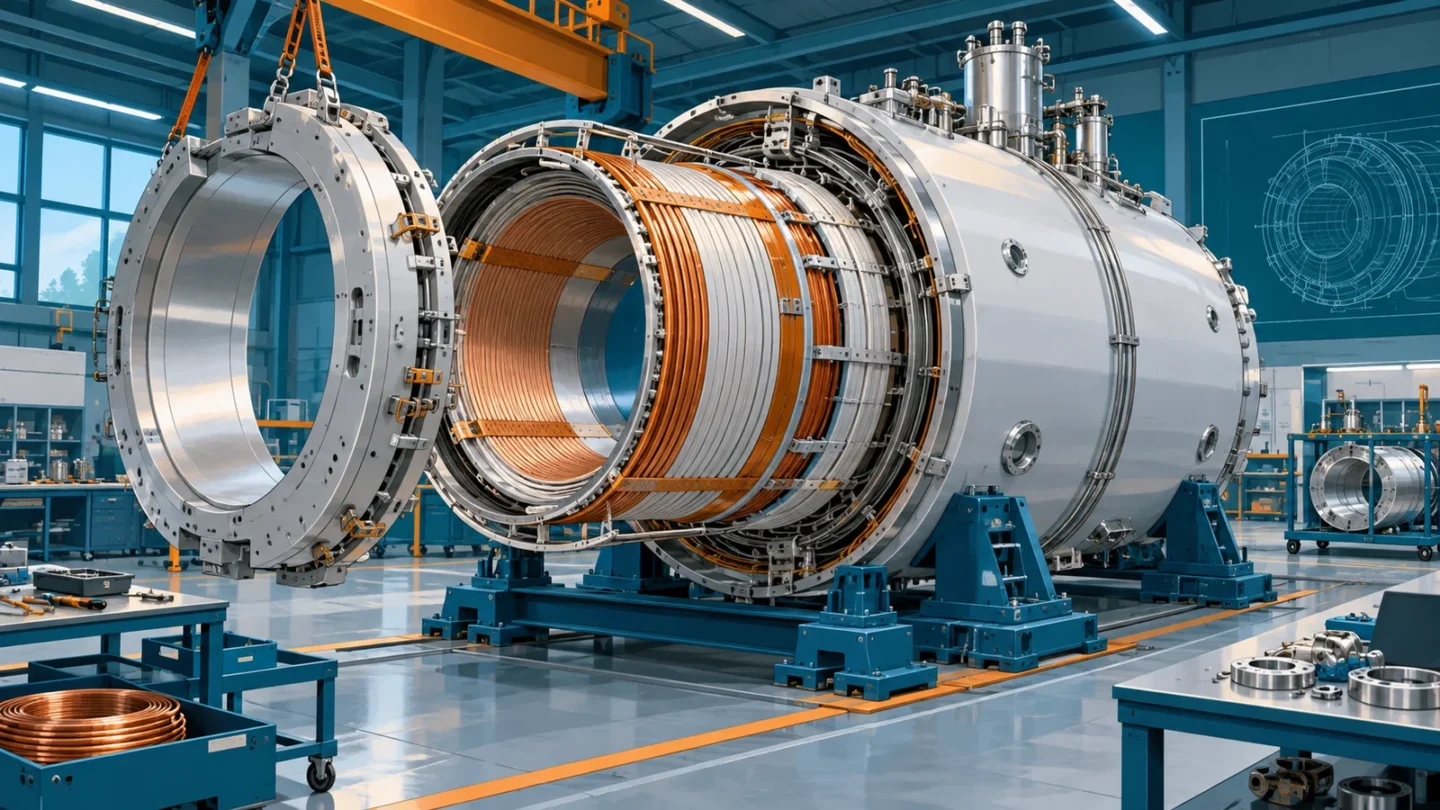 Conceptuele illustratie van een grote MRI-magneet die in een technische werkplaats wordt gebouwd
