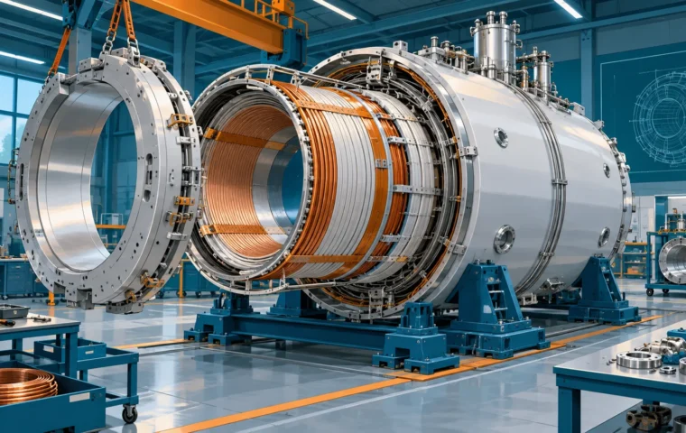 Conceptuele illustratie van een grote MRI-magneet die in een technische werkplaats wordt gebouwd