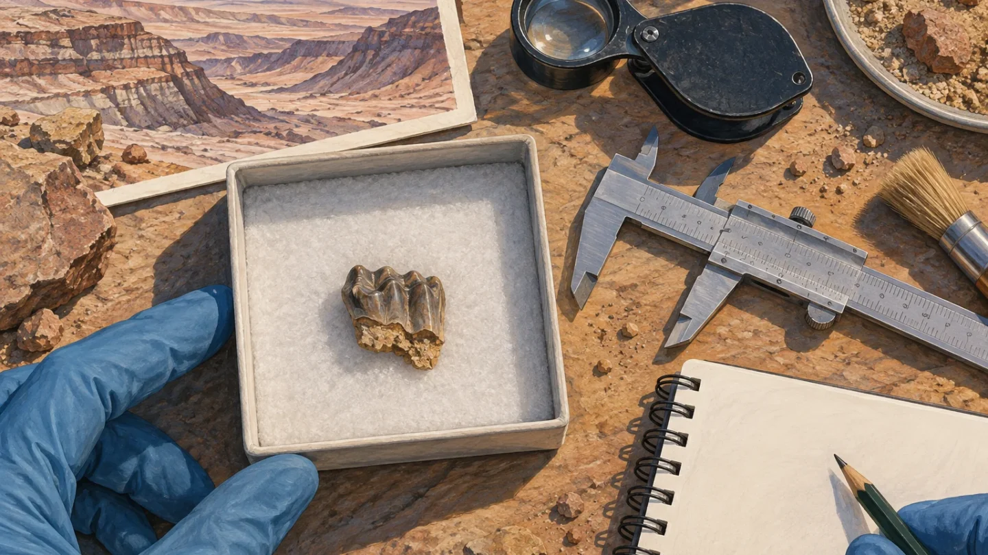 Redactionele illustratie van een kleine gedeeltelijke fossiele kies in een veldlaboratorium in de Atacama