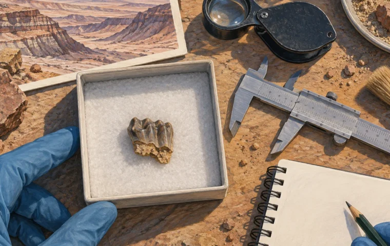 Redactionele illustratie van een kleine gedeeltelijke fossiele kies in een veldlaboratorium in de Atacama