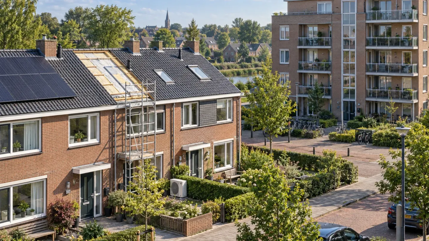 Redactionele illustratie van Nederlandse rijwoningen en een appartementencomplex met isolatie, zonnepanelen en een warmtepomp