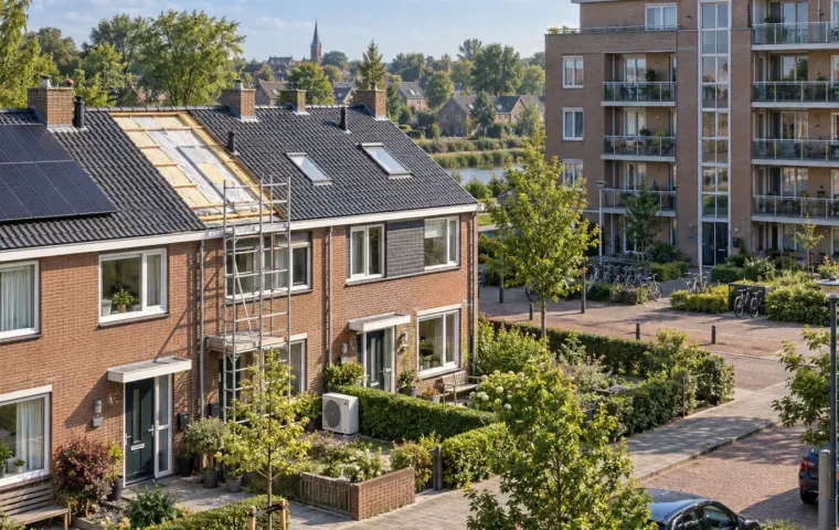 Redactionele illustratie van Nederlandse rijwoningen en een appartementencomplex met isolatie, zonnepanelen en een warmtepomp