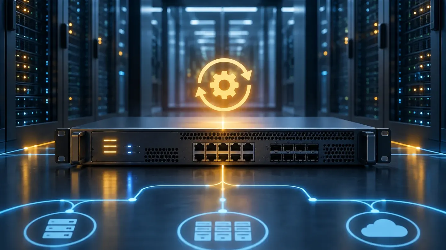 Conceptuele illustratie van een netwerkapparaat in een datacentrum met een amberkleurig updatesymbool