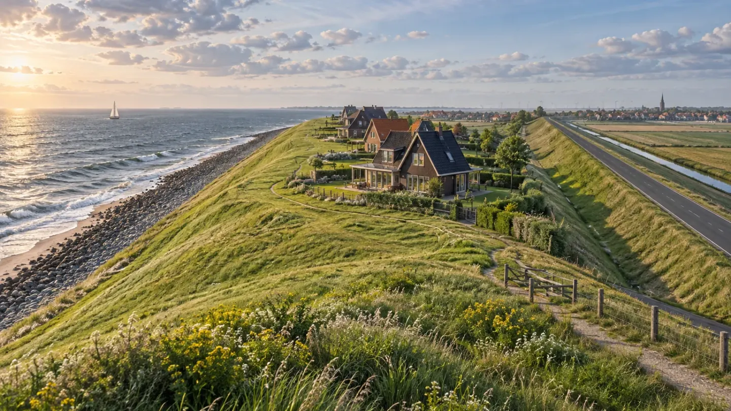 Conceptuele illustratie van een brede groene zeedijk met enkele woningen langs de Nederlandse kust