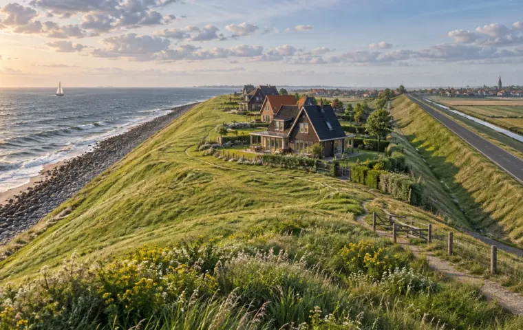 Conceptuele illustratie van een brede groene zeedijk met enkele woningen langs de Nederlandse kust