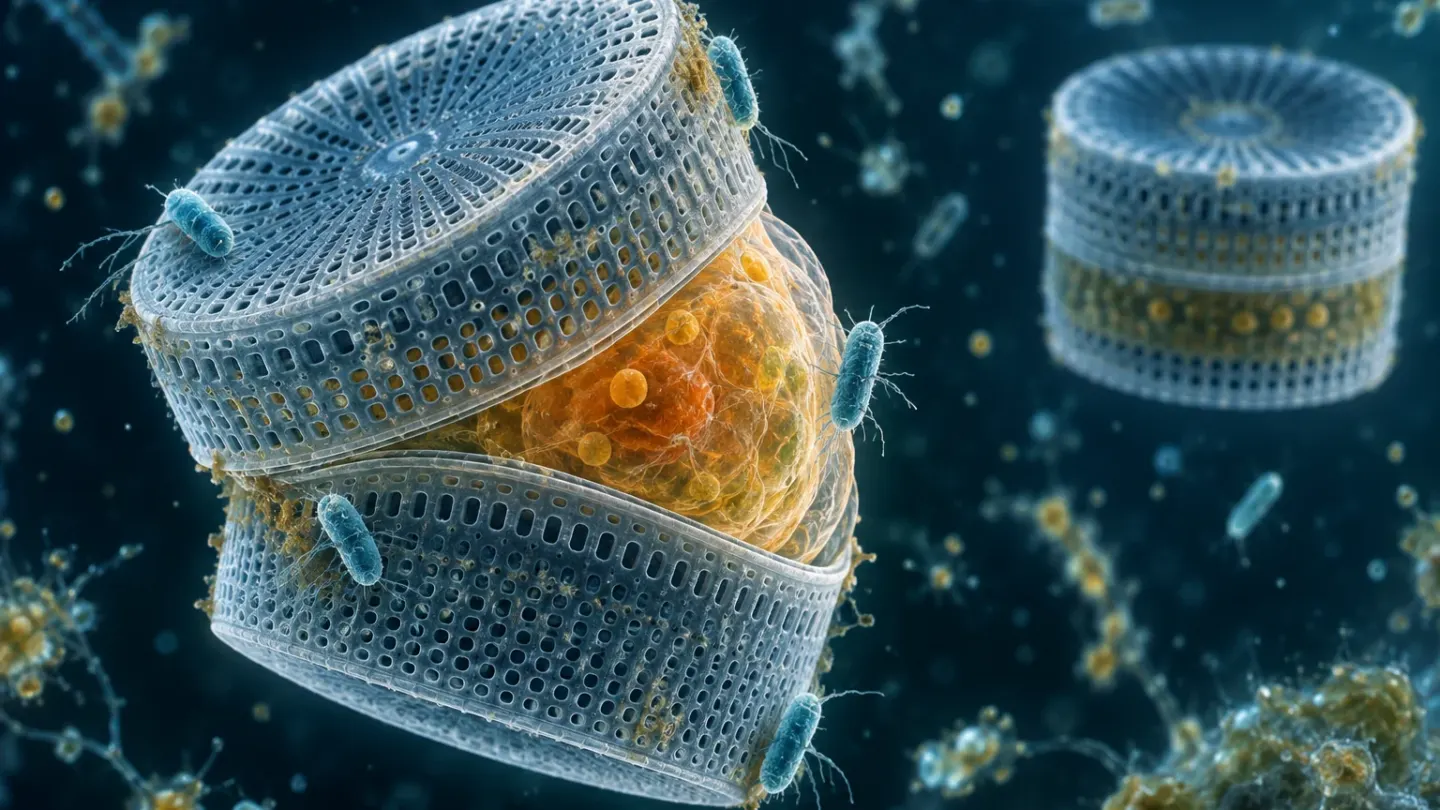 Conceptuele microscopische illustratie van een ronde kiezelalg die uit haar glazen omhulsel komt terwijl staafvormige bacteriën aan het oppervlak zitten