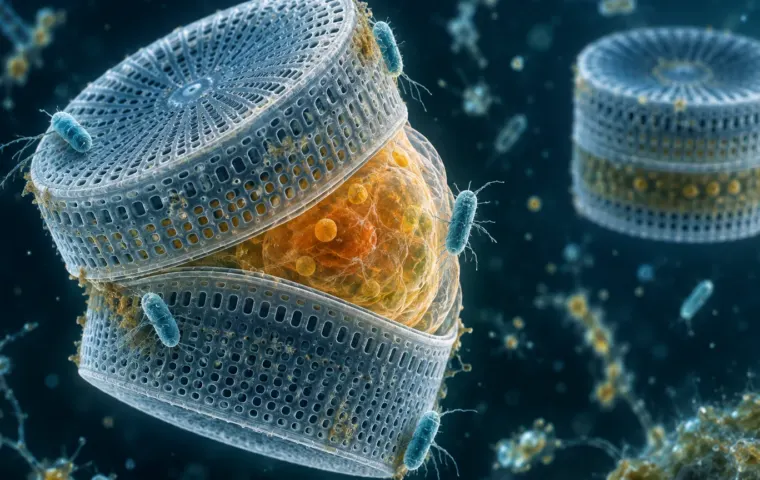 Conceptuele microscopische illustratie van een ronde kiezelalg die uit haar glazen omhulsel komt terwijl staafvormige bacteriën aan het oppervlak zitten
