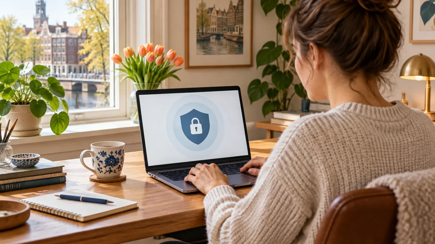 Illustratie van iemand die thuis op een laptop een abstract beveiligd inlogscherm bekijkt, zonder echte DigiD-interface