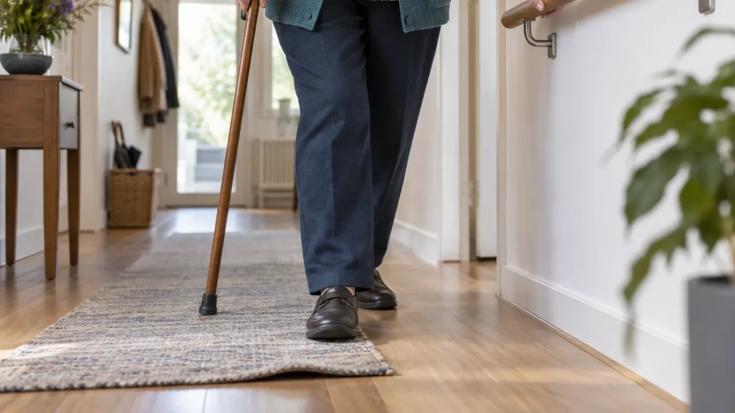 Oudere persoon loopt met wandelstok en gebruikt een leuning naast de opstaande rand van een vloerkleed