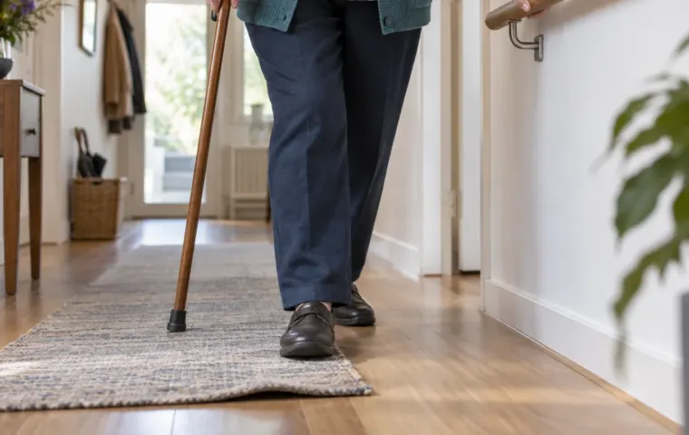 Oudere persoon loopt met wandelstok en gebruikt een leuning naast de opstaande rand van een vloerkleed