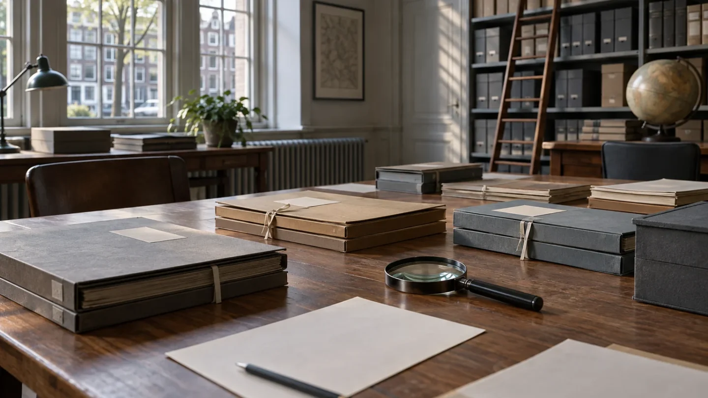 Conceptuele archiefruimte met gesloten dossiers en een vergrootglas op een tafel, zonder herkenbare personen of echte onderzoeksstukken