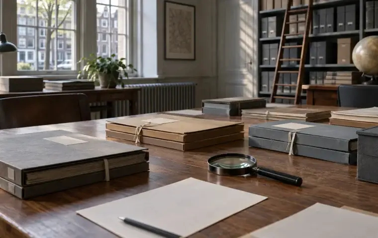 Conceptuele archiefruimte met gesloten dossiers en een vergrootglas op een tafel, zonder herkenbare personen of echte onderzoeksstukken