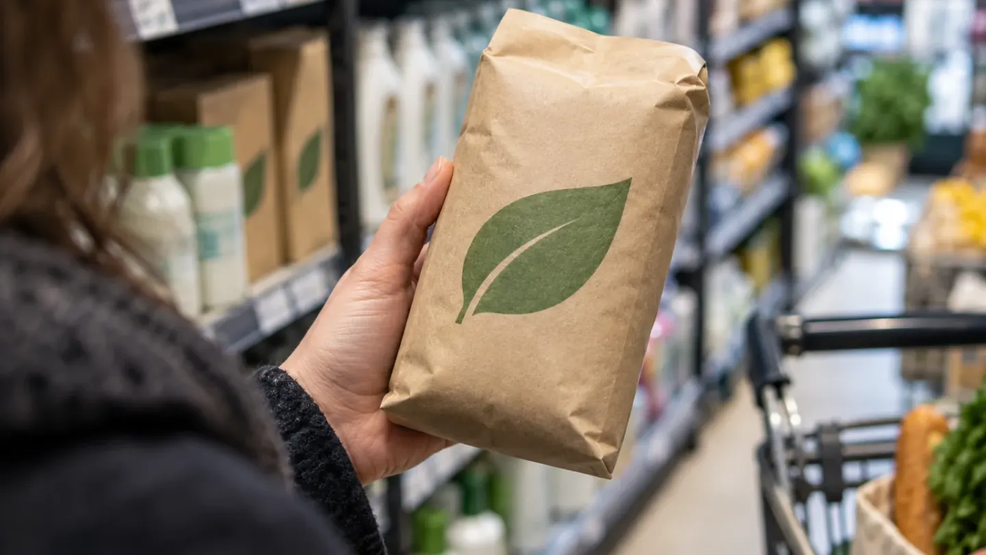 Een koper houdt in een winkel een merkloze papieren verpakking met een groen bladsymbool vast