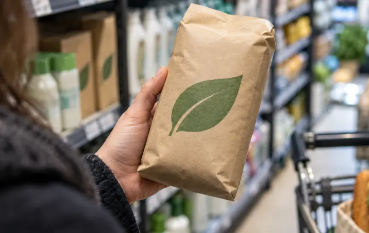 Een koper houdt in een winkel een merkloze papieren verpakking met een groen bladsymbool vast