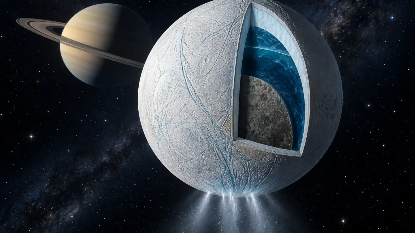Conceptuele doorsnede van de ijskorst, ondergrondse oceaan en rotskern van Enceladus, met kleine ijspluimen en Saturnus op de achtergrond