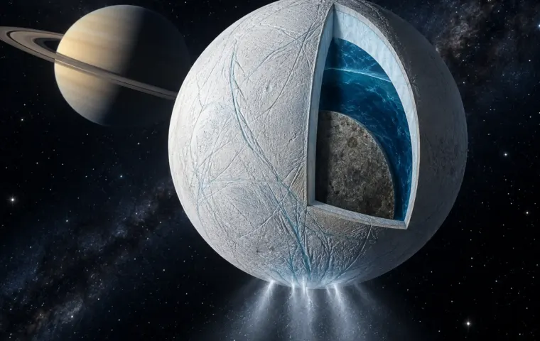 Conceptuele doorsnede van de ijskorst, ondergrondse oceaan en rotskern van Enceladus, met kleine ijspluimen en Saturnus op de achtergrond