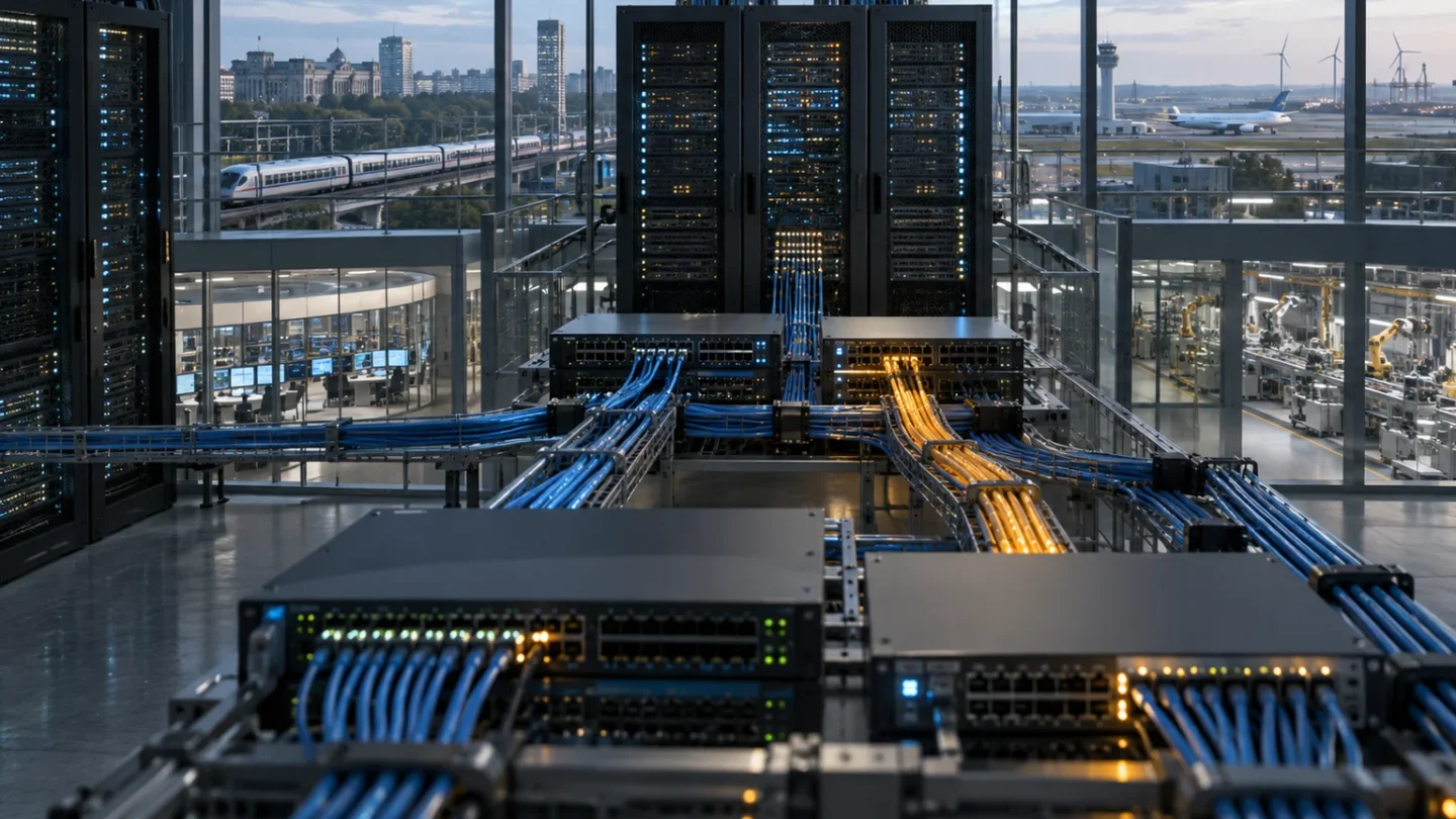 Conceptuele netwerkinfrastructuur met gekoppelde servers, kabels en Europese vitale voorzieningen op de achtergrond