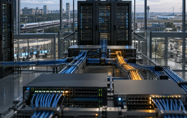Conceptuele netwerkinfrastructuur met gekoppelde servers, kabels en Europese vitale voorzieningen op de achtergrond