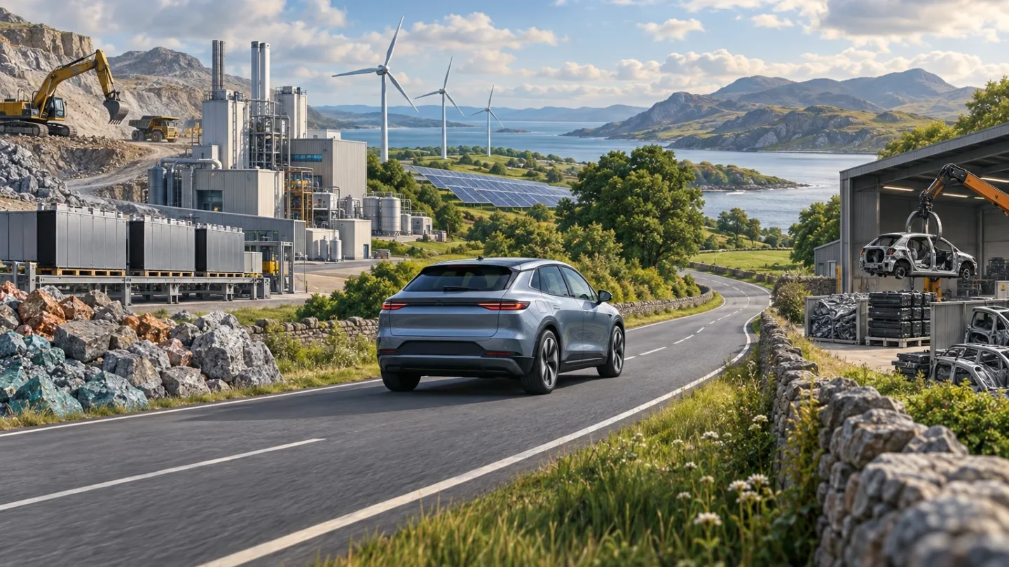 Redactionele illustratie van een elektrische auto tussen grondstoffenwinning, energieopwekking en voertuigrecycling