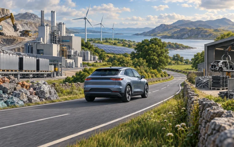 Redactionele illustratie van een elektrische auto tussen grondstoffenwinning, energieopwekking en voertuigrecycling