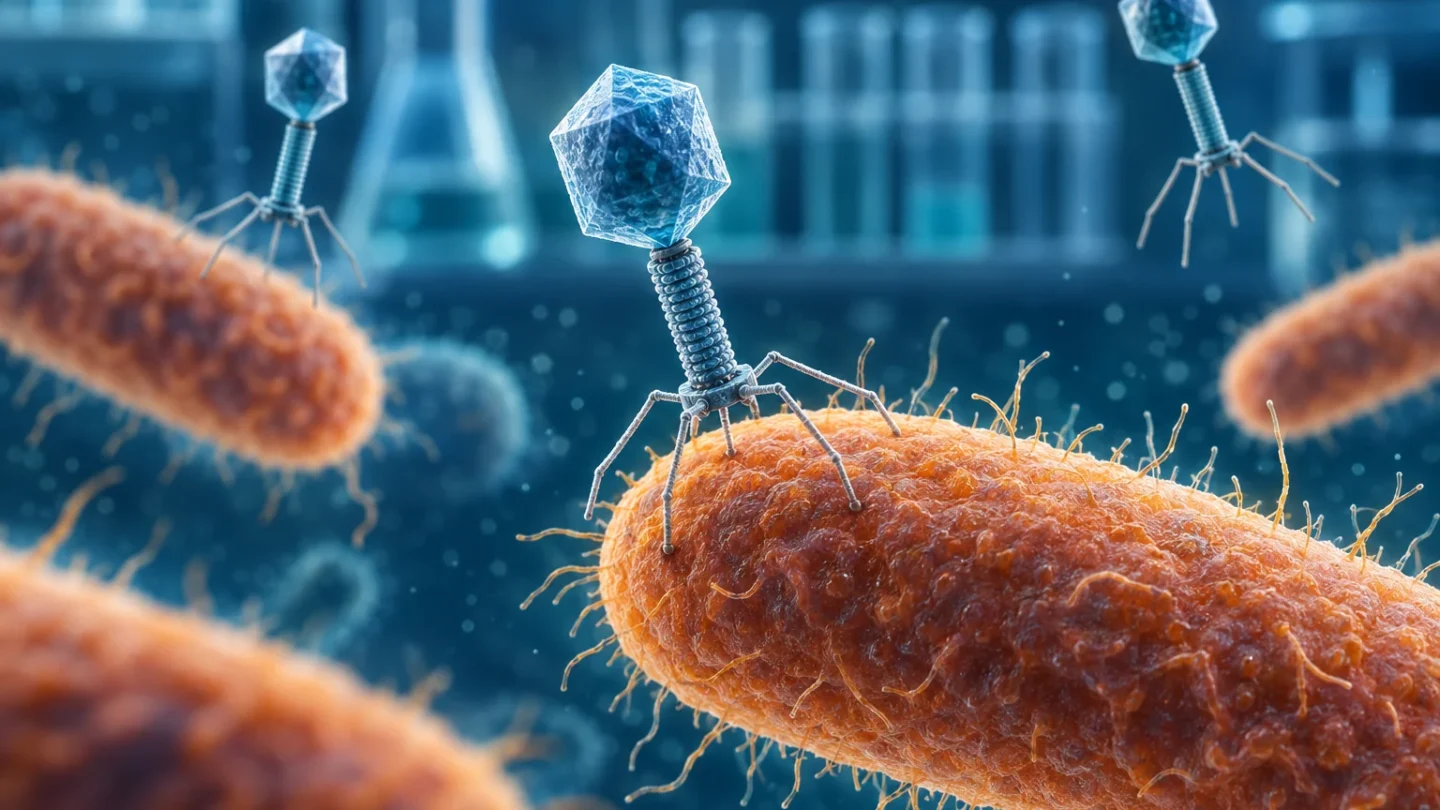 Conceptuele redactionele illustratie van bacteriofagen die in een laboratoriumomgeving aan bacteriën worden gekoppeld