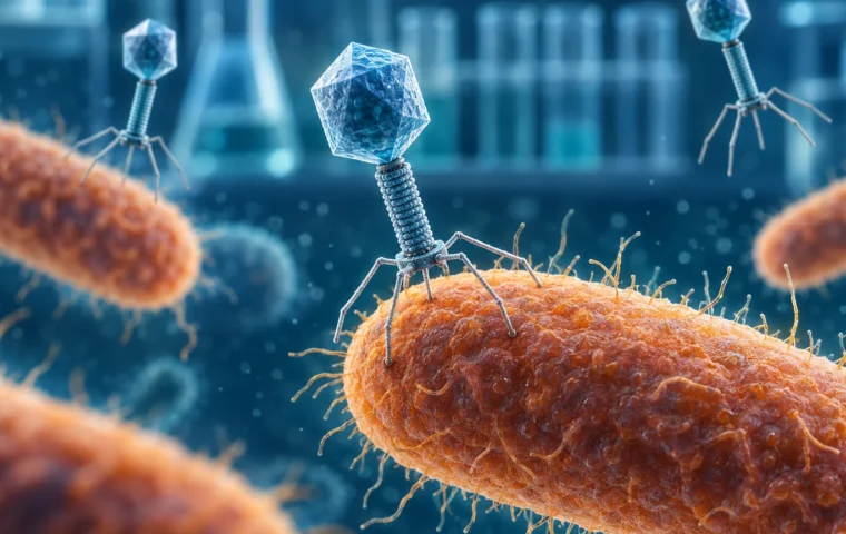 Conceptuele redactionele illustratie van bacteriofagen die in een laboratoriumomgeving aan bacteriën worden gekoppeld