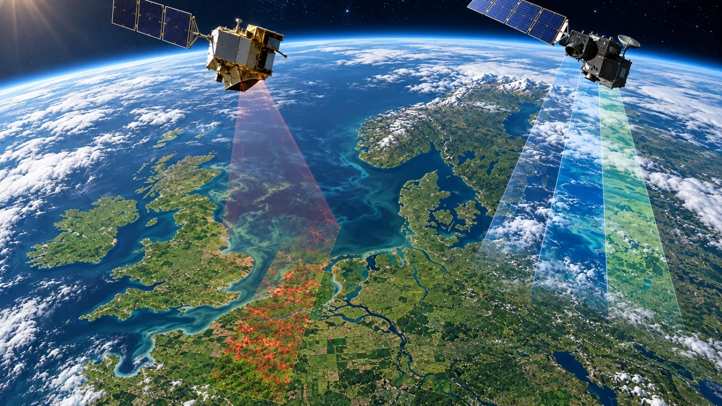 Redactionele illustratie van twee aardobservatiesatellieten boven een groen landschap met subtiele plantfluorescentie