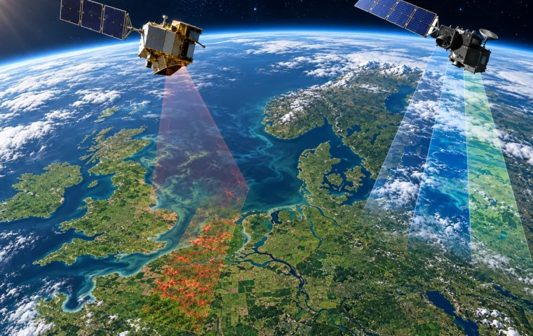 Redactionele illustratie van twee aardobservatiesatellieten boven een groen landschap met subtiele plantfluorescentie