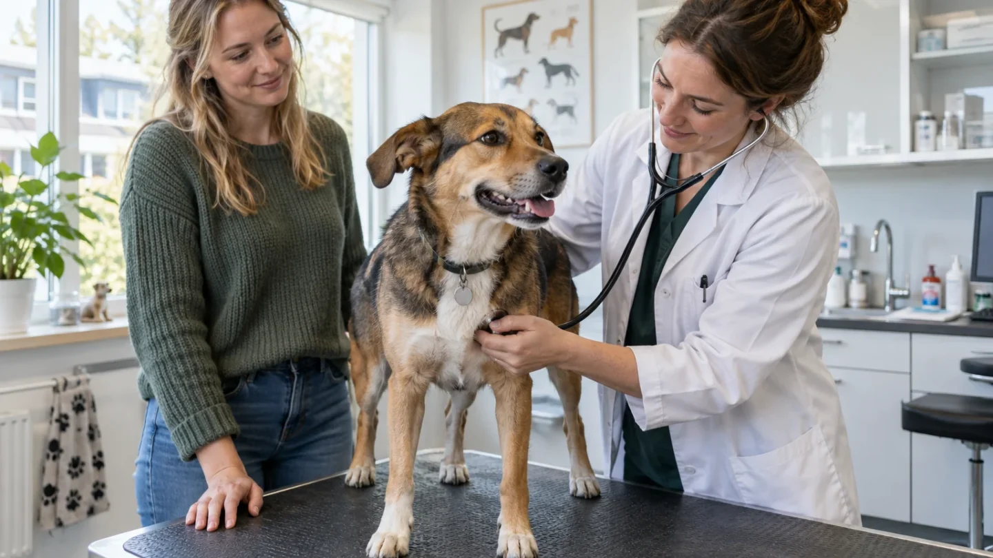 Illustratie van een ontspannen hond die tijdens een gewone controle door een dierenarts wordt beluisterd, met een eigenaar ernaast