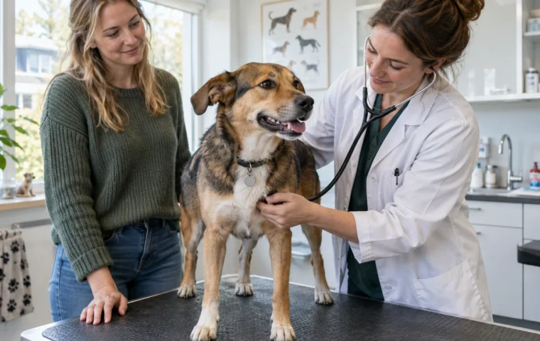 Illustratie van een ontspannen hond die tijdens een gewone controle door een dierenarts wordt beluisterd, met een eigenaar ernaast