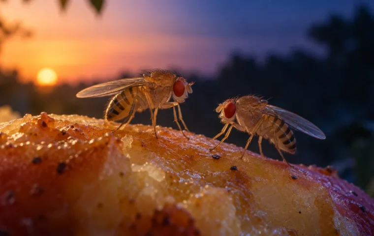 Conceptuele illustratie van twee fruitvliegen op fruit bij de overgang van daglicht naar avond