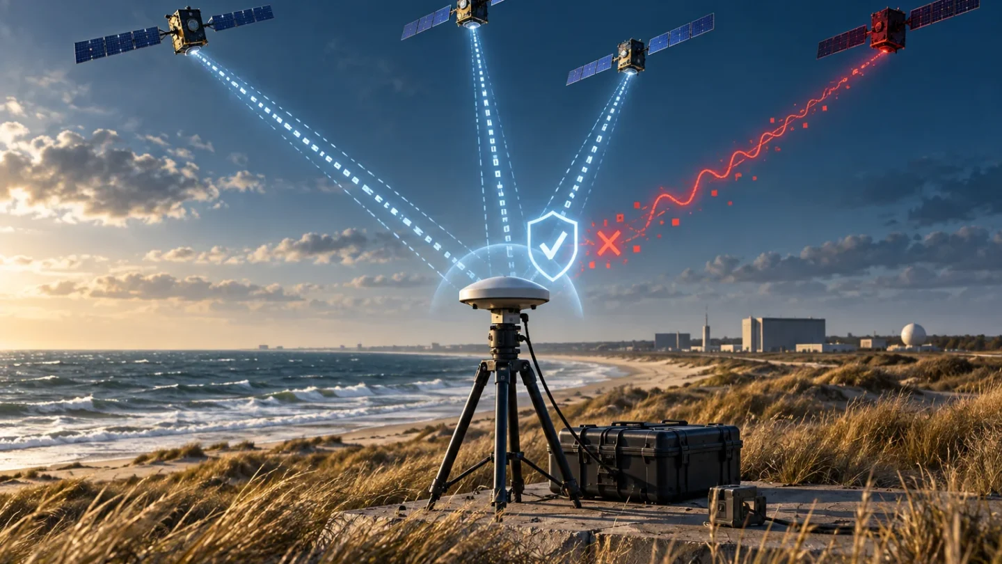 Redactionele illustratie van Galileo-satellieten, een veldontvanger en een afgewezen vervalst navigatiesignaal