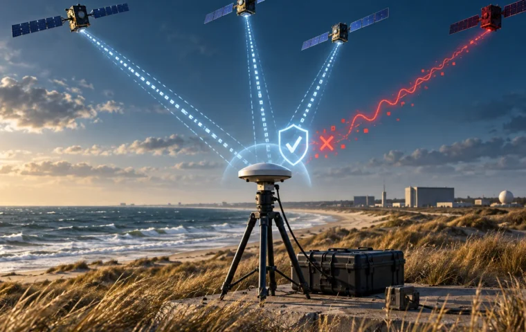 Redactionele illustratie van Galileo-satellieten, een veldontvanger en een afgewezen vervalst navigatiesignaal