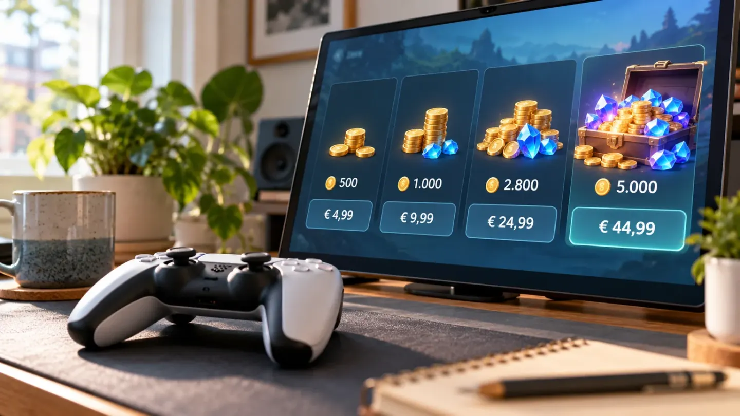 Spelcontroller voor een scherm met virtuele munten en prijzen in euro's