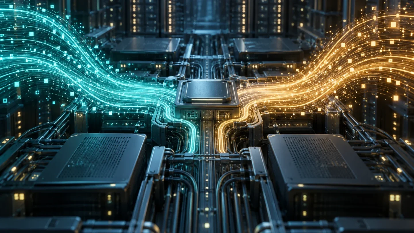 Conceptuele illustratie van twee lichtstromen rond een onbenoemde computerchip in een datacentrum