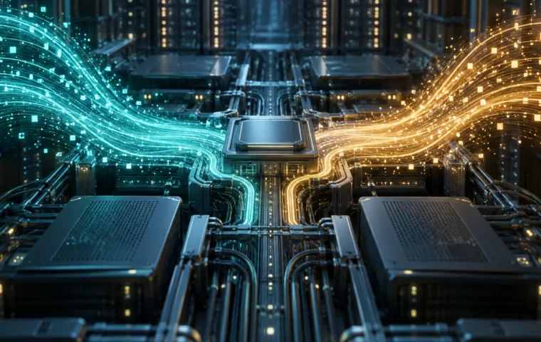 Conceptuele illustratie van twee lichtstromen rond een onbenoemde computerchip in een datacentrum