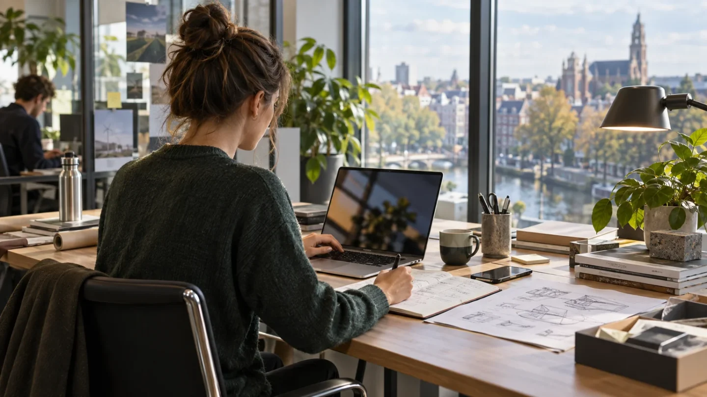Conceptuele jonge professional aan een bureau met laptop, notities en verschillende werkmaterialen