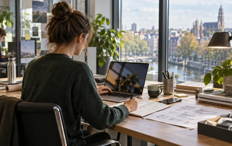 Conceptuele jonge professional aan een bureau met laptop, notities en verschillende werkmaterialen