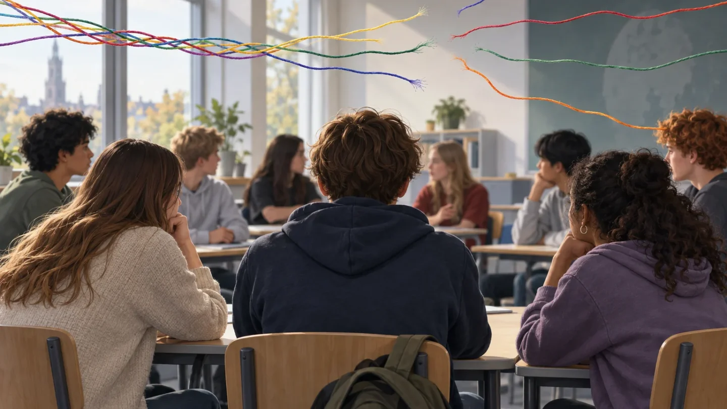 Redactionele illustratie van Nederlandse scholieren in gesprek, met gekleurde draden die uiteenlopen als symbool voor veranderende sociale acceptatie