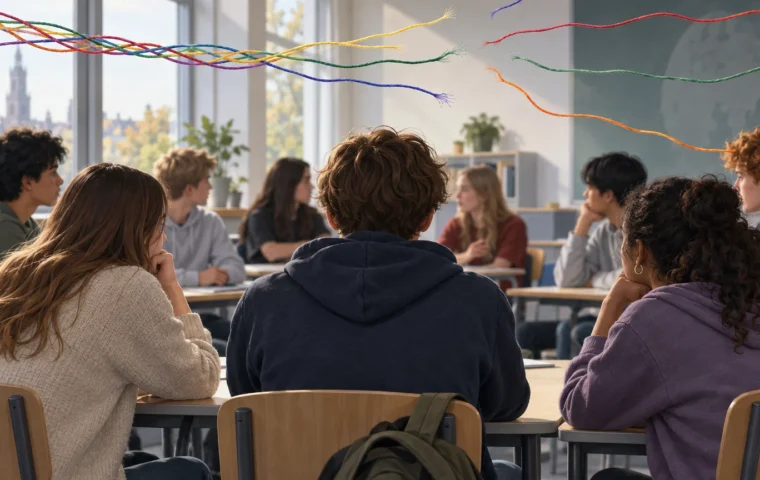 Redactionele illustratie van Nederlandse scholieren in gesprek, met gekleurde draden die uiteenlopen als symbool voor veranderende sociale acceptatie