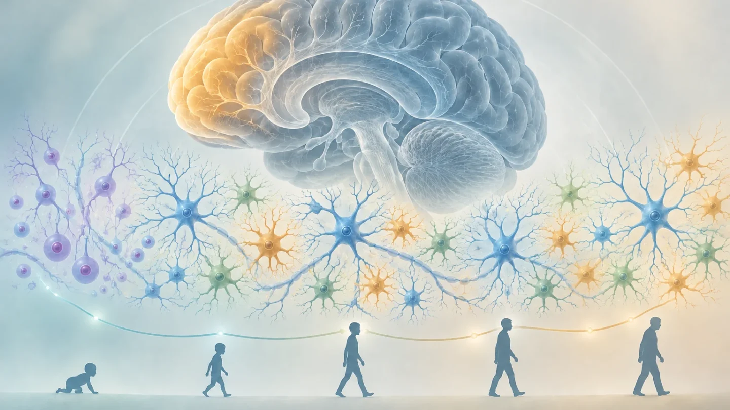 Conceptuele illustratie van de prefrontale cortex en veranderende patronen van zenuw- en gliacellen gedurende het leven