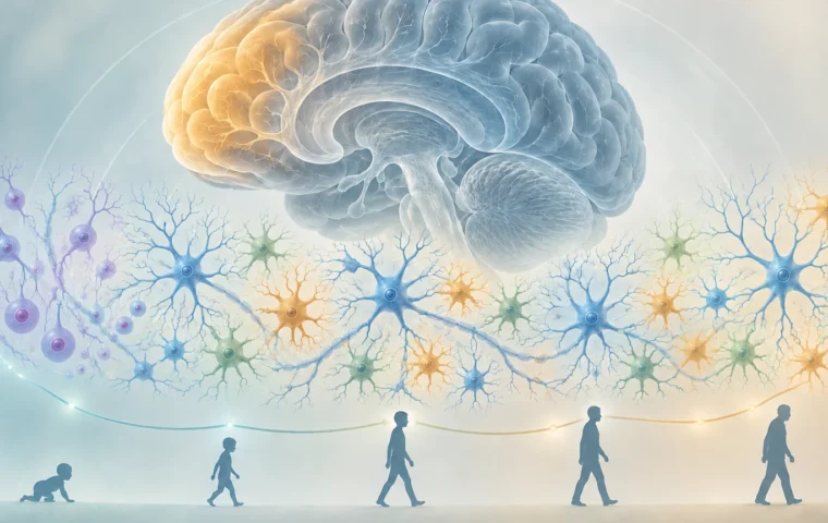 Conceptuele illustratie van de prefrontale cortex en veranderende patronen van zenuw- en gliacellen gedurende het leven
