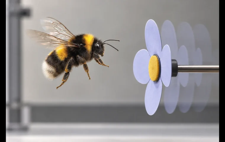Conceptuele illustratie van een aardhommel die een zijwaarts bewegende kunstbloem nadert in een proefopstelling