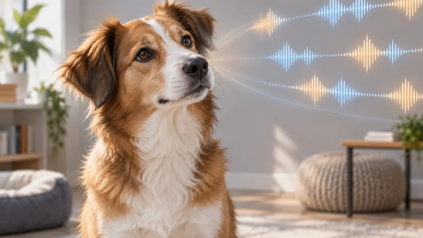 Conceptuele illustratie van een luisterende hond met abstracte patronen van geluidsgolven naast zijn kop