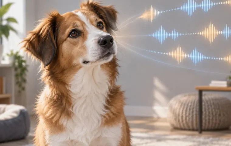 Conceptuele illustratie van een luisterende hond met abstracte patronen van geluidsgolven naast zijn kop