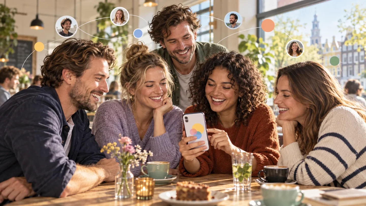 Conceptuele illustratie van vrienden aan een cafétafel met een onbenoemde telefoon en getekende verbindingen tussen mensen